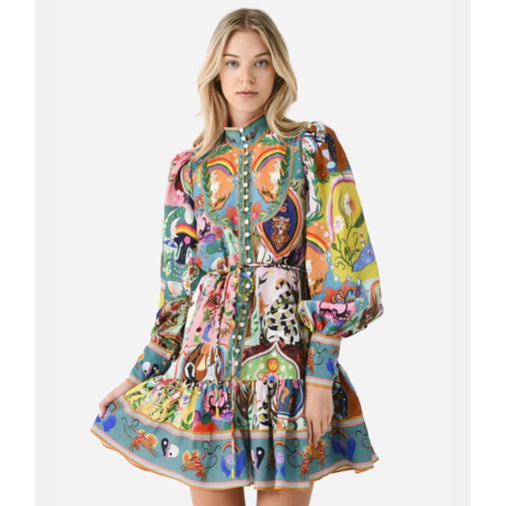 Alemais Womens Evergreen Printed Button Front Mini Dress Balloon Sleeves Flowy 6